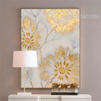 Golden Bloom Abstract Botanical Handmade Heavy Texture Canvas Painting for Room Wall Disposition