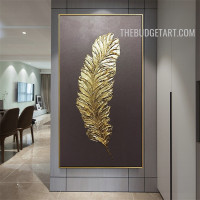 Golden Quill Feather Abstract Modern Handmade Knife Canvas Painting for Wall Accent Adornment
