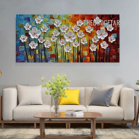 White Floweret Spots Handmade Abstract Botanical Palette Canvas Artwork for Room Wall Trimming
