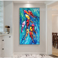 Motley Fishes Water Handmade Heavy Knife Canvas Abstract Animal Painting for Wall Accent Garniture