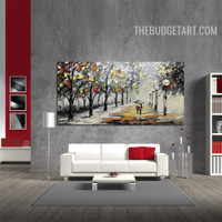 Walking Couple Umbrella Handmade Abstract Landscape Palette Canvas Artwork for Wall Hanging Décor
