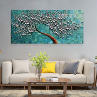 Blossoms Tree Botanical Handmade Knife Abstract Canvas Painting Done by Artist for Room Wall Disposition