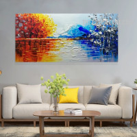 River Trees Water Handmade Palette Naturescape Abstract Canvas Painting Done By Artist for Room Wall Embellishment