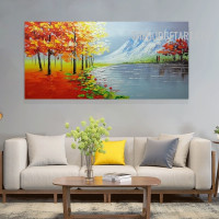 Lake Trees Sky Handmade Palette Knife Abstract Naturescape Canvas Painting for Room Wall Onlay