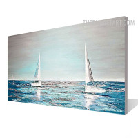 Ocean Boat Handmade Knife Canvas Painting Naturescape Contemporary Wall Art Illumination