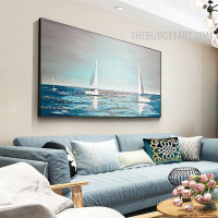 Ocean Boat Naturescape Contemporary Handmade Palette Painting on Canvas Done By Artist for Room Wall Assortment