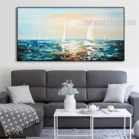 Sailing Boats Water Handmade Palette Abstract Naturescape Canvas Art by an Experienced Artist for Room Wall Disposition