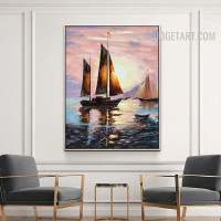 Sea Ships Hills Handmade Abstract Naturescape Palette Canvas Artwork for Room Wall Embellishment