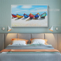 Seaside Boats Cloud Handmade Contemporary Naturescape Knife Canvas Painting Wall Hanging Trimming