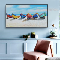 Seaside Boats Land Handmade Naturescape Contemporary Palette Canvas Artwork for Room Wall Tracery