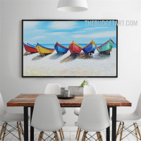 Seaside Boats Sky Handmade Knife Canvas Naturescape Contemporary Art by Experience Artist for Room Wall Flourish