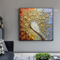 Golden blossom leaves Botanical Abstract Handmade Palette Art on Canvas for Room Wall Disposition