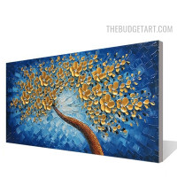 Golden Blossom Sapling Flowers 100% Handmade Abstract Botanical Heavy Knife Canvas Painting for Room Wall Finery