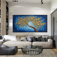 Golden Blossom Sapling Spot Abstract Botanical Handmade Heavy Knife Canvas Artwork for Room Wall Adornment