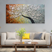 White Flowers Tree Handmade Knife Canvas Abstract Botanical Wall Artwork for Room Getup