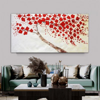 Red Blossoms Tree Handmade Knife Canvas Abstract Botanical Wall Hanging Artwork Done By Artist for Room Getup