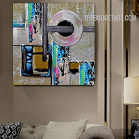 Square Blurs Circle Modern Abstract Art 100% Handmade Acrylic Canvas Painting for Wall Accent Moulding