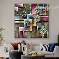 Rectangular Smears Circles Geometrical Handmade Abstract Texture Canvas Painting for Room Wall Finery