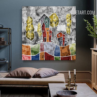 House Tree Rectangles Handmade Knife Canvas Abstract Contemporary Art Done By Artist for Room Wall Drape