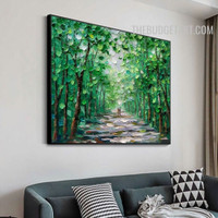 Green Tree Way Leaves Abstract Naturescape Handmade Palette Canvas Wall Art Done By Artist Illumination