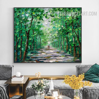 Green Tree Way Sky Handmade Knife Canvas Abstract Naturescape Artwork Wall Accent Embellishment