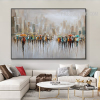 Human Being Buildings Handmade Knife Canvas Painting Abstract Landscape Wall Art Illumination