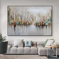 Human Being Umbrellas 100% Handmade Abstract Landscape Palette Canvas Painting for Room Wall Tracery