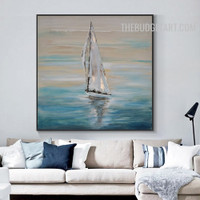 Ocean Ship Sky Handmade Acrylic Canvas Abstract Naturescape Wall Painting for Room Decoration