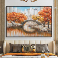 Pond Bridge Water Abstract Landscape Handmade Knife Canvas Painting Done By Artist for Room Wall Finery