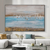Sea Ship Reflection Handmade Texture Canvas Abstract Naturescape Painting Done By Artist for Room Wall Getup