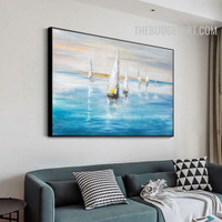 Ocean Ships Sky100% Artist Handmade Modern Naturescape Abstract Texture Canvas Painting for Room Wall Decoration