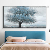 Hills Tree Clouds Abstract Botanical 100% Artist Handmade Heavy Texture Canvas Artwork for Room Wall Moulding