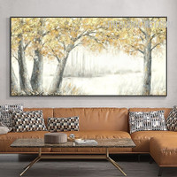 Golden Leafage Tree Handmade Abstract Botanical Texture Canvas Painting By Experienced Artist for Room Wall Décor