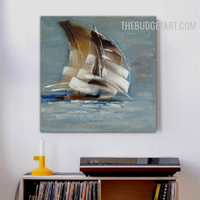 Sail Boat Water Handmade Knife Canvas Painting Abstract Naturescape Wall Art Done By Artist Disposition