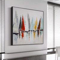 Aqua Prow Boats Abstract Naturescape Handmade Knife Canvas Painting for Room Wall Ornament