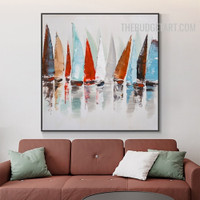 Seaside Ships Sky 100% Artist Contemporary Naturescape Handmade Knife Canvas Art for Room Wall Illumination