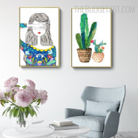 Motley Cactus Watercolor Modern Painting Picture Canvas Print for Room Wall Finery