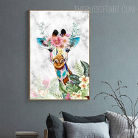 Flowers Giraffe Animal Modern Painting Picture Canvas Print for Room Wall Drape