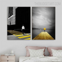 Wooden Bridge With Human Nordic Landscape Modern Painting Picture Canvas Print for Room Wall Moulding
