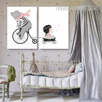 Bear With Little Girl Cartoon Modern Painting Picture Canvas Print for Room Wall Adornment