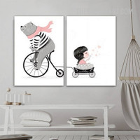 Bear With Little Girl Cartoon Modern Painting Picture Canvas Print for Room Wall Décor