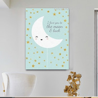 I Love You Moon Typography Kids Modern Painting Picture Canvas Wall Art Quotes Print for Room Outfit