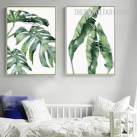 Monstera Green Leafage Nordic Botanical Painting Picture 2 Piece Canvas Wall Art Prints for Room Wall Molding