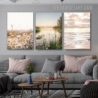 Sunset Flowers Naturescape Modern Painting Picture 3 Panel Canvas Wall Art Prints for Room Ornament