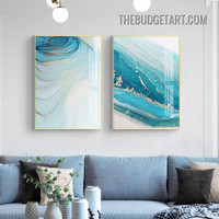 Blue Marble Pattern Abstract Modern Painting Picture 2  Piece Canvas Wall Art Prints for Room Getup