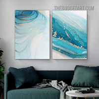 Blue Marble Pattern Abstract Modern Painting Picture 2  Piece Canvas Wall Art Prints for Room Ornamentation