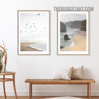 Beach Waves Landscape Vintage Painting Picture 2 Piece Canvas Wall Art Prints for Room Ornamentation