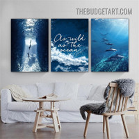 The Ocean Typography Modern Painting Picture 3 Panel Canvas Wall Art Prints for Room Garnish