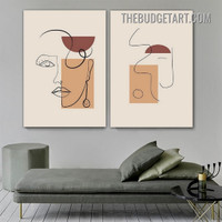 Winding Line Face Scandinavian Modern Painting Picture 2 Piece Abstract Canvas Wall Art Prints for Room Adornment