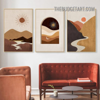 Mountains Sun Abstract Landscape Scandinavian Painting Picture 3 Panel Canvas Wall Art Prints for Room Ornamentation